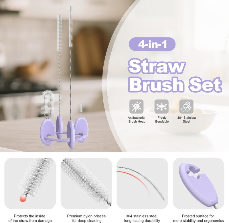 YOTIME Standing Straw Cleaner Brush Set, 4in1 Reusable Straw Brushes with Holder Ring, for Wide and Narrow Straws, Tumblers, Water Bottles and Cups, Purple - Image 3